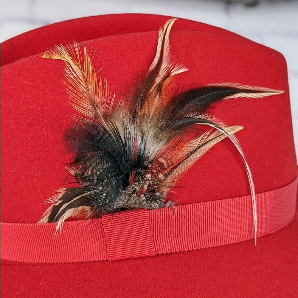 George GEO W Bollman 100% Wool Classic Red Fedora Hat With Feather In Band - Picture 3 of 7